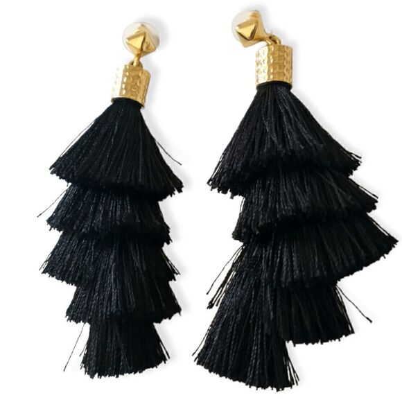 Black Tassel Dangle Earrings Witchy Gold Tone Lightweight Gypsy Boho Hippie Goth - Picture 5 of 16